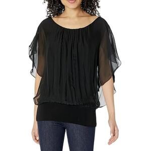 M Made in Italy Ruffle Sleeve Scoop Neckline Blouse Silk Blend Black Size Small